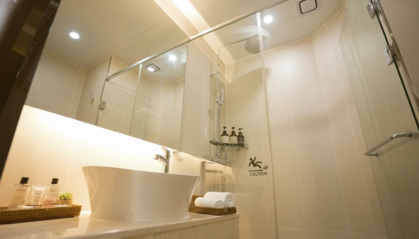 A modern bathroom with a glass-enclosed shower, a large white sink, and a mirror.