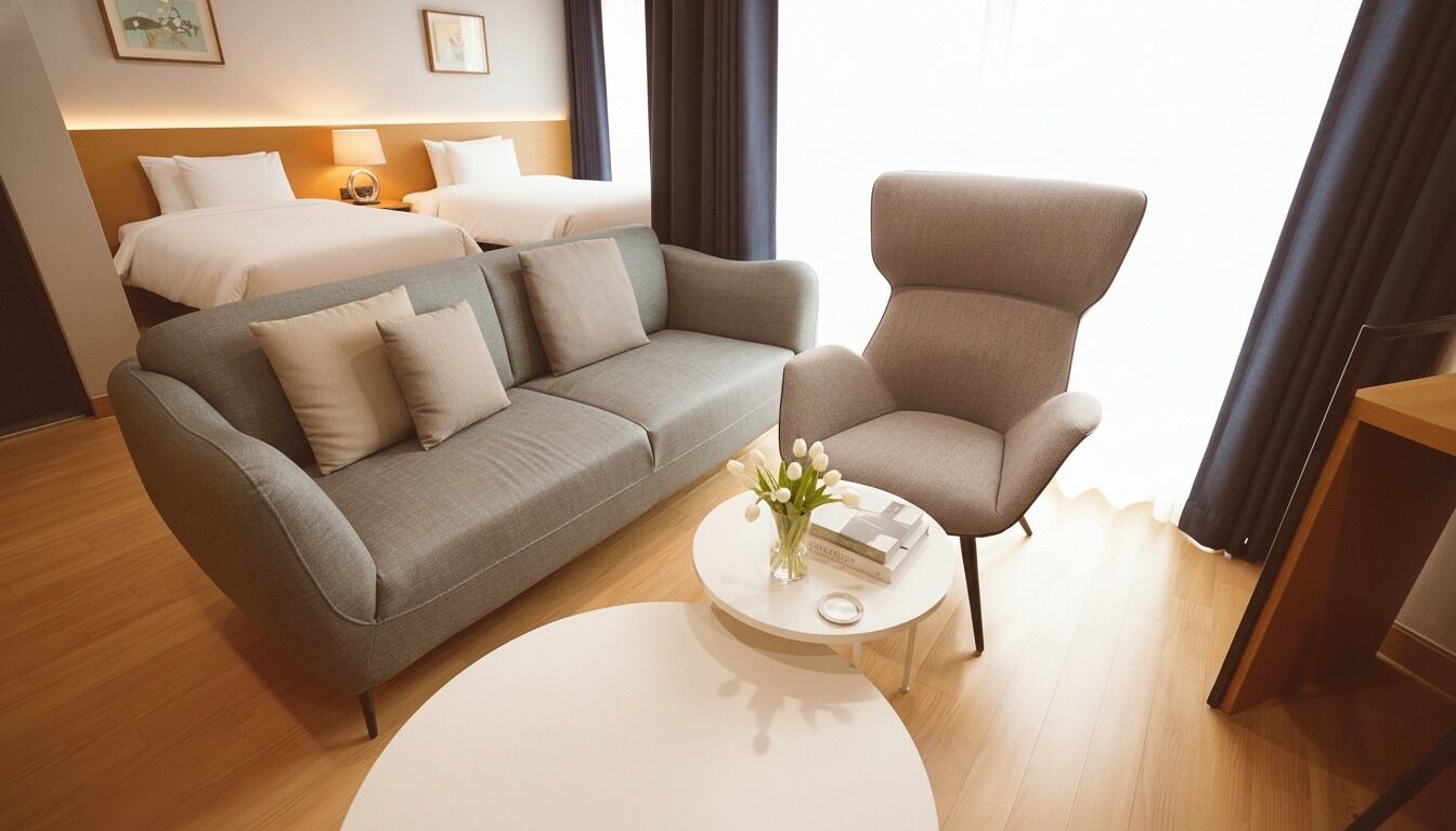 A modern hotel room with a grey sofa, a matching armchair, a round white table, and a bed with white linens.