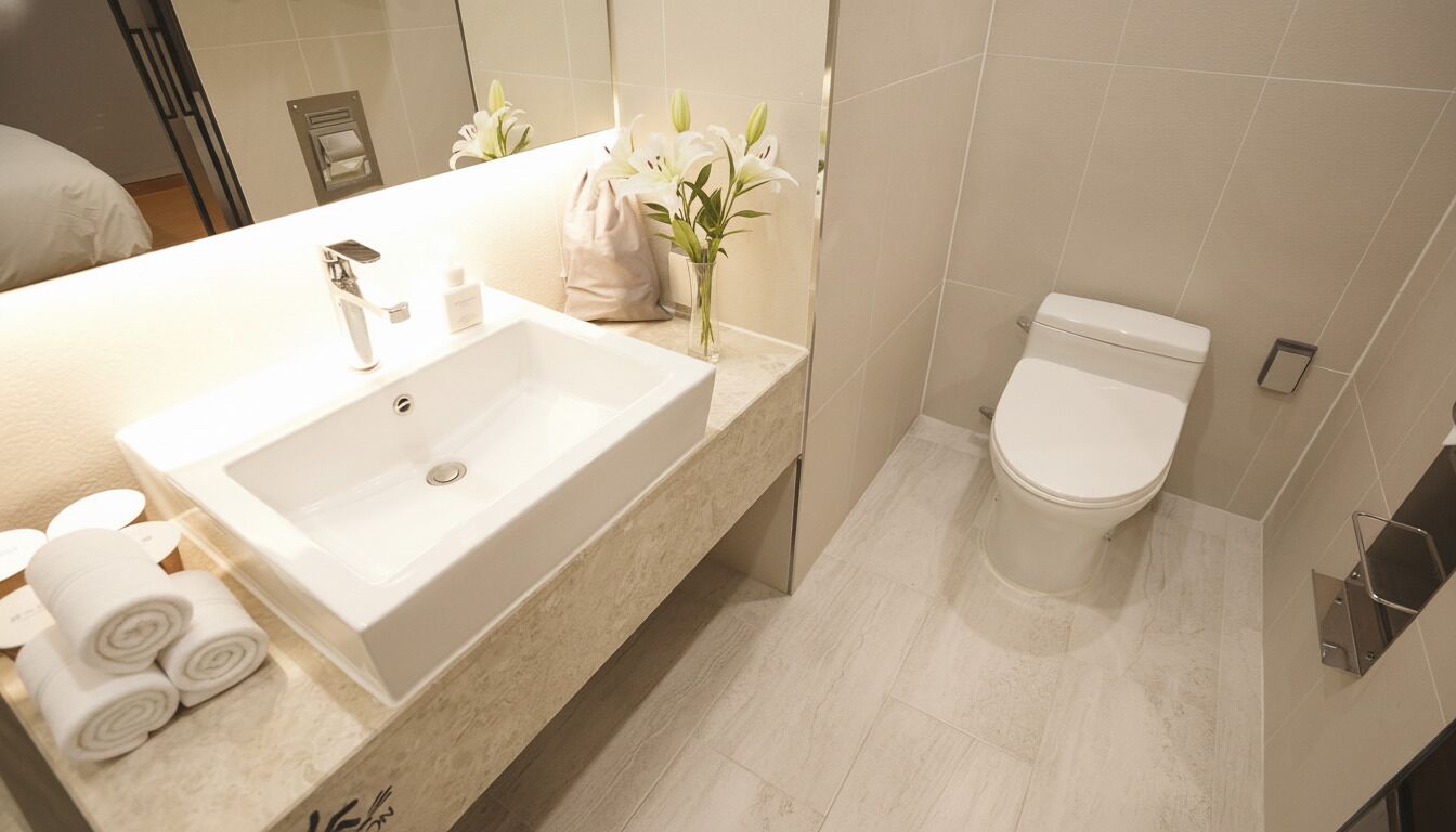 Une salle de bain moderne avec un grand lavabo blanc, des toilettes et un miroir.