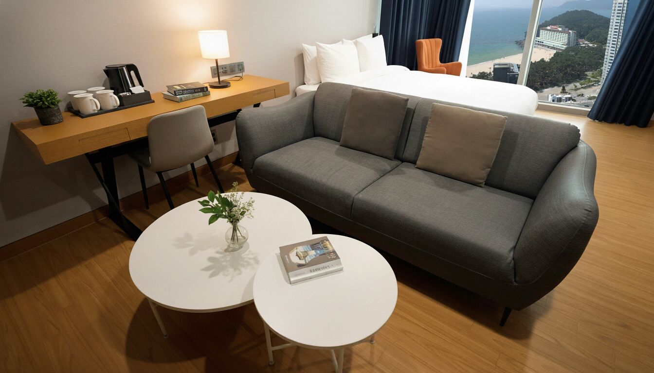 A modern hotel room with a grey sofa, a wooden desk, a white round table, and a bed with a view of the sea.