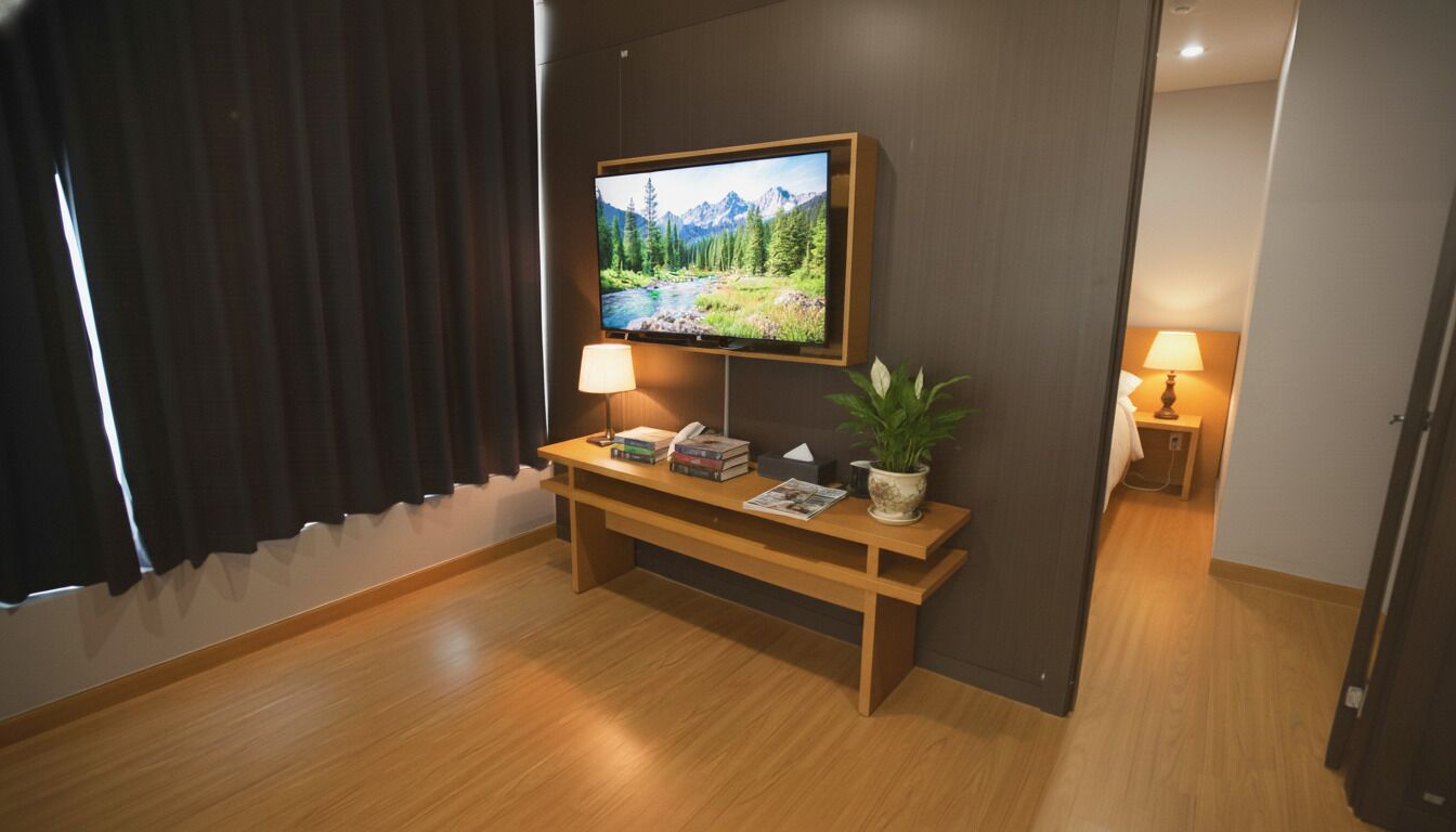 A hotel room with a wooden console table, a flat-screen TV mounted on the wall, a potted plant, and a bedside lamp.