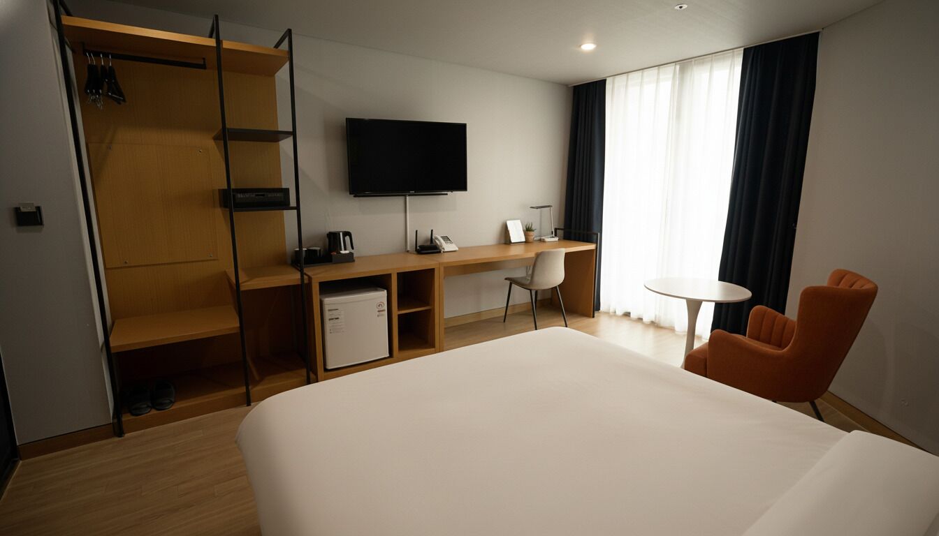 A hotel room with a bed, a desk, a chair, a TV, and a wardrobe.