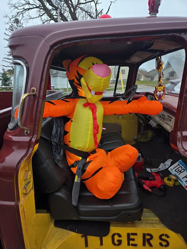 A vehicle interior with a plush toy resembling a tiger, a steering wheel, and a license plate reading "TIGERS". - RUSTIC CABIN IN THE WOODS, 5 MIN TO ROCHESTER (Rochester)