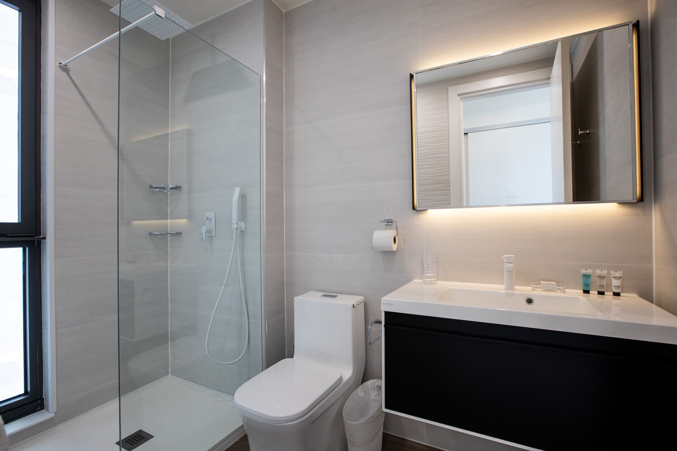 Une salle de bain moderne avec une douche à parois de verre, des toilettes blanches et un meuble-lavabo avec un miroir.