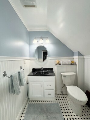 Combined shower/bathtub, jetted bath, hair dryer, soap - Spacious Farmhouse on Davis Stream to Damariscotta Lake with 5 bedrooms (Jefferson)