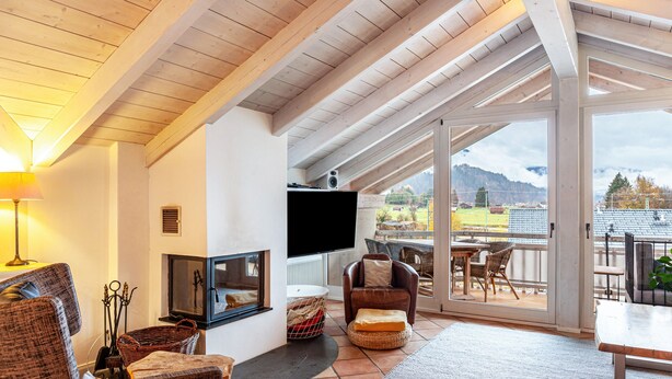 Een gezellige woonkamer met een open haard, televisie en comfortabele zithoek.