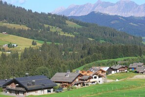 A rural village with traditional wooden houses, a green landscape, and mountains in the background. - View Sur Arly E10, Megeve (Chamonix), France (Megeve (Chamonix))