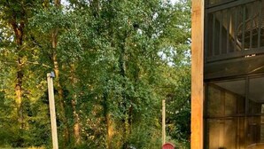 Un camí de grava amb pedres que fan de trams enllaçant una cadira vermella i una barbacoa en una zona boscosa.