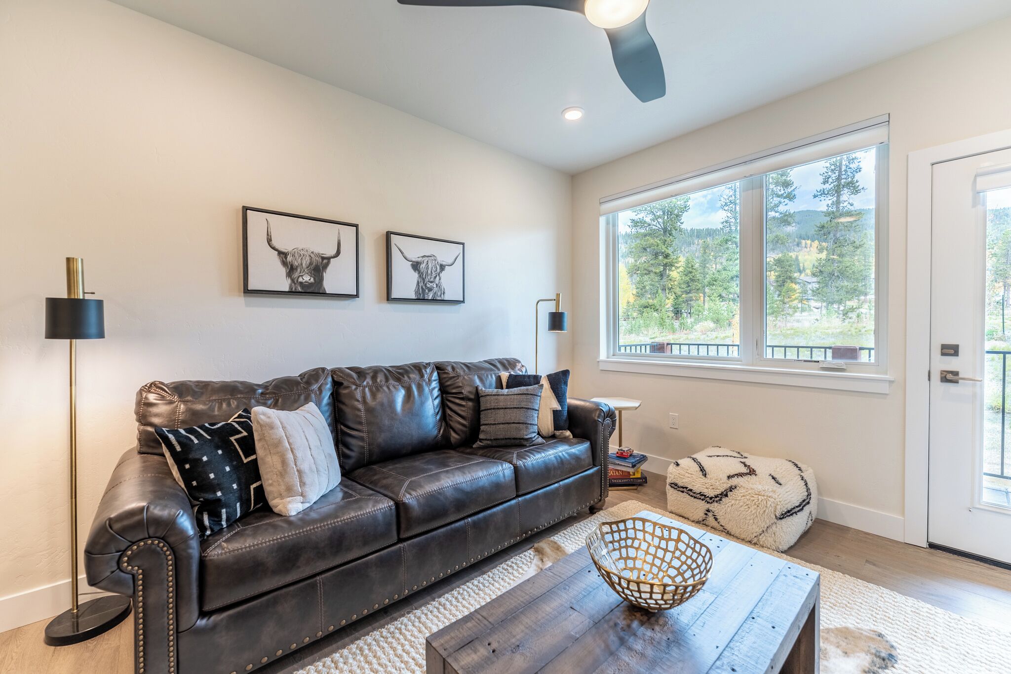 A modern living room with a leather sofa, two framed animal prints on the wall, a large window with a view of trees, and a ceiling fan.