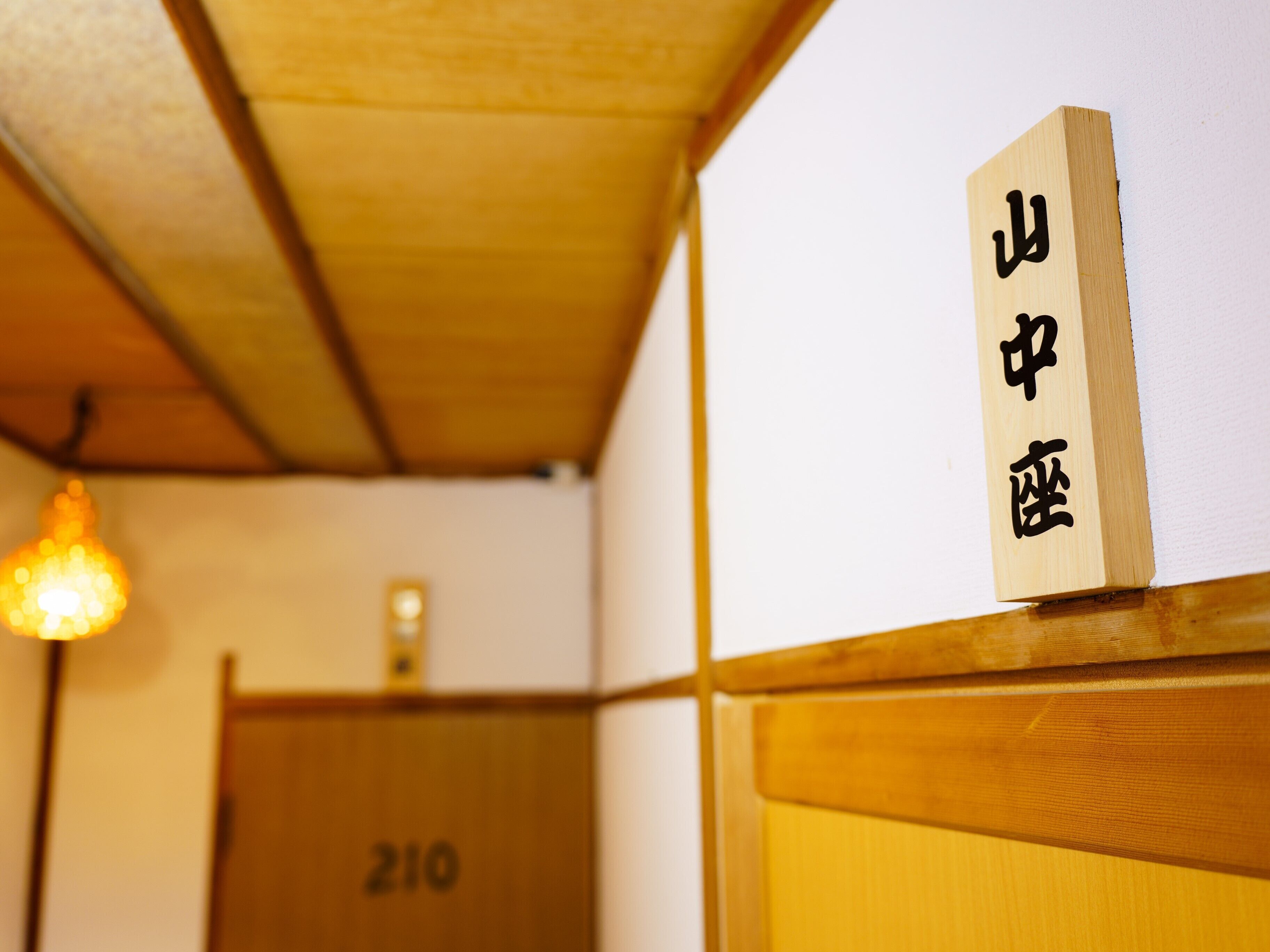 Een houten bord met Japanse karakters, het cijfer '210' op een deur, en een hanglamp.
