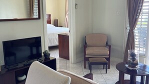 Un salon comprenant un téléviseur, un canapé, un fauteuil, une petite table ornée d’objets décoratifs et un appareil de climatisation.