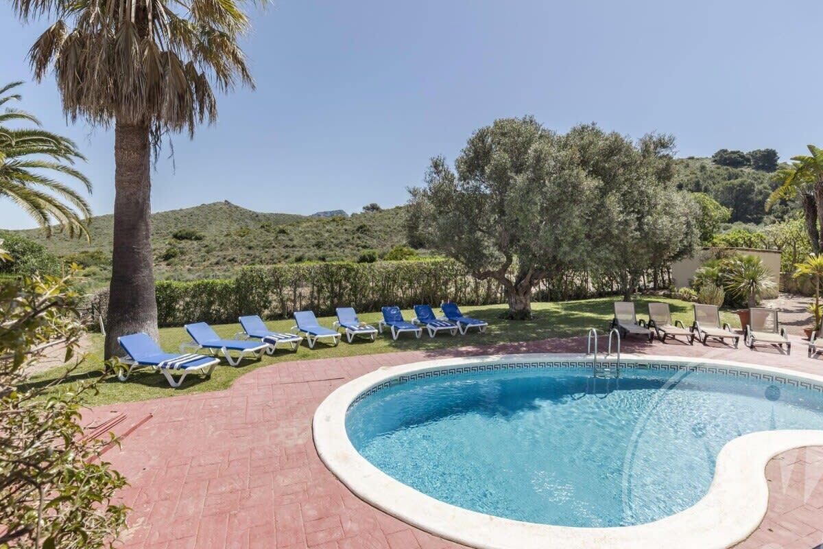 Ein Pool mit blauen Liegestühlen und einer Palme.