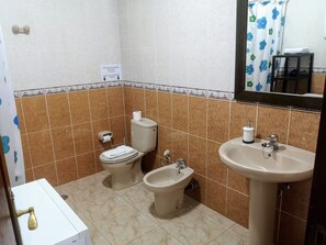 Bañera, secador de pelo, bidé y toallas