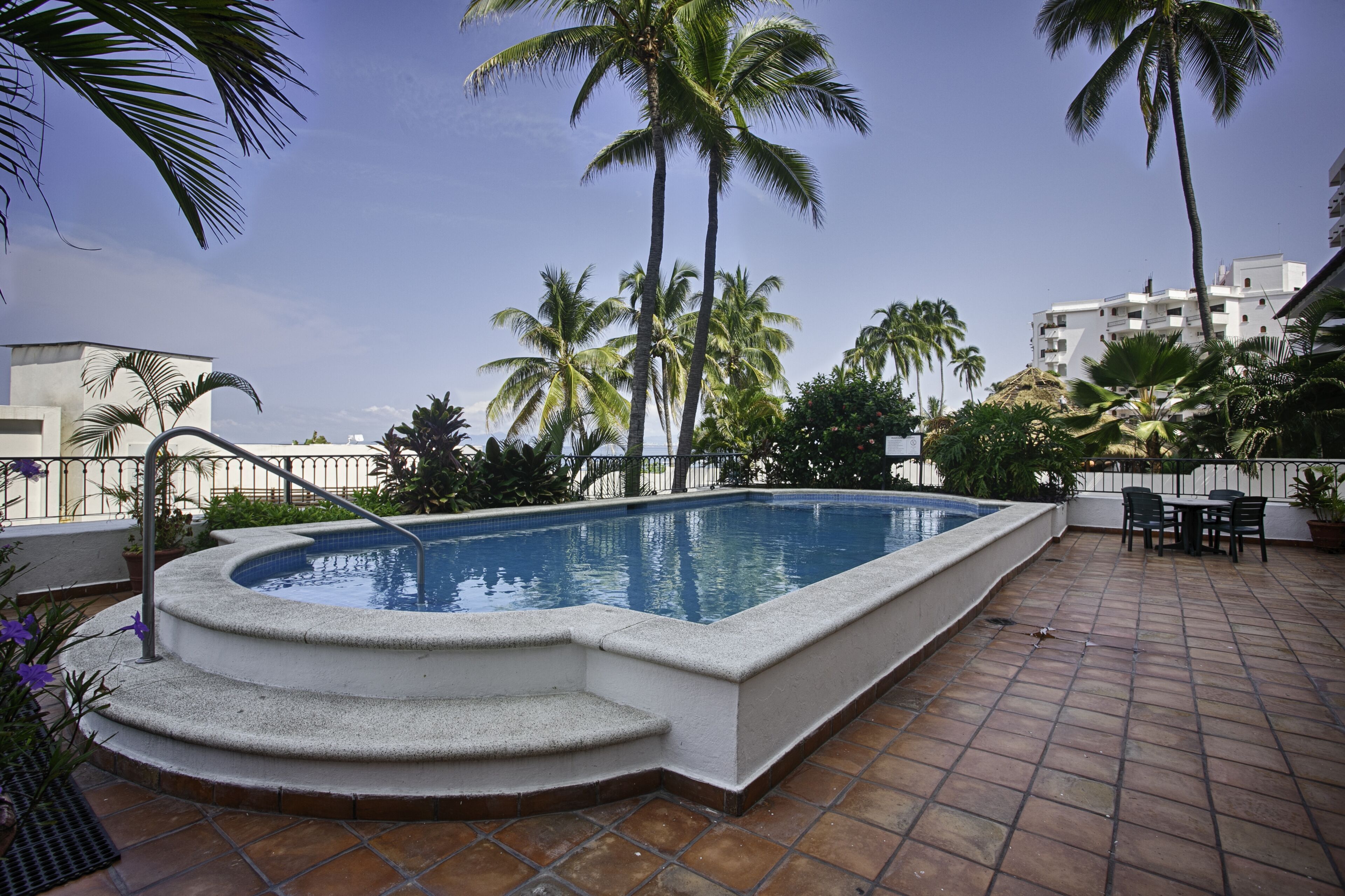Ein Schwimmbecken mit Steinrand, umgeben von Palmen und einer gefliesten Terrasse.