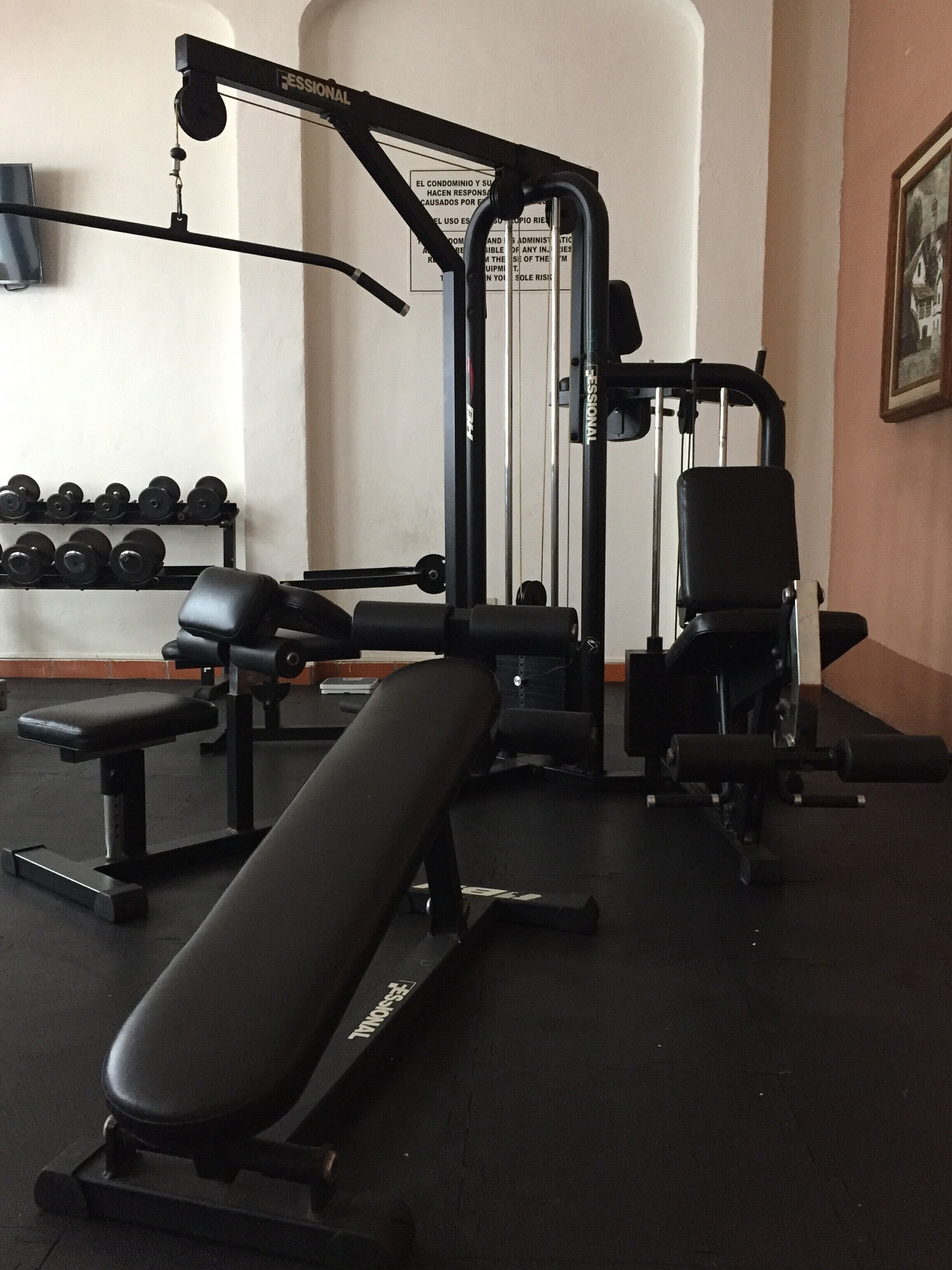 Un gimnasio con equipo de ejercicio, incluyendo una banca, mancuernas y máquinas de pesas.