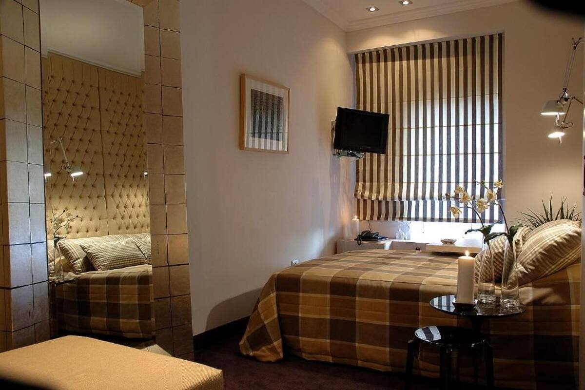 A bedroom with a bed, a bedside table, a TV, a window with blinds, and a decorative plant.
