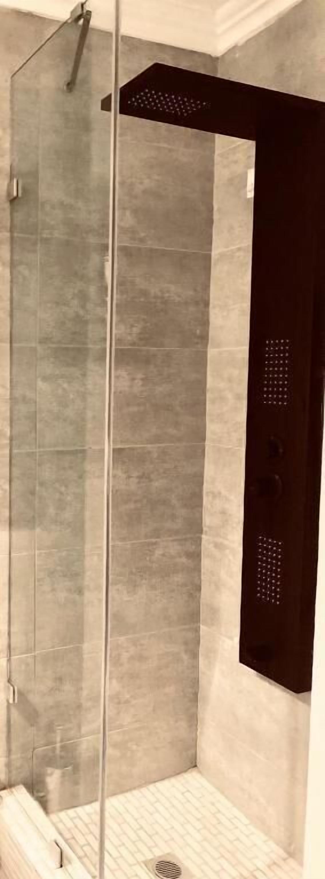 A modern shower enclosure with a glass door and a dark panel on the right.
