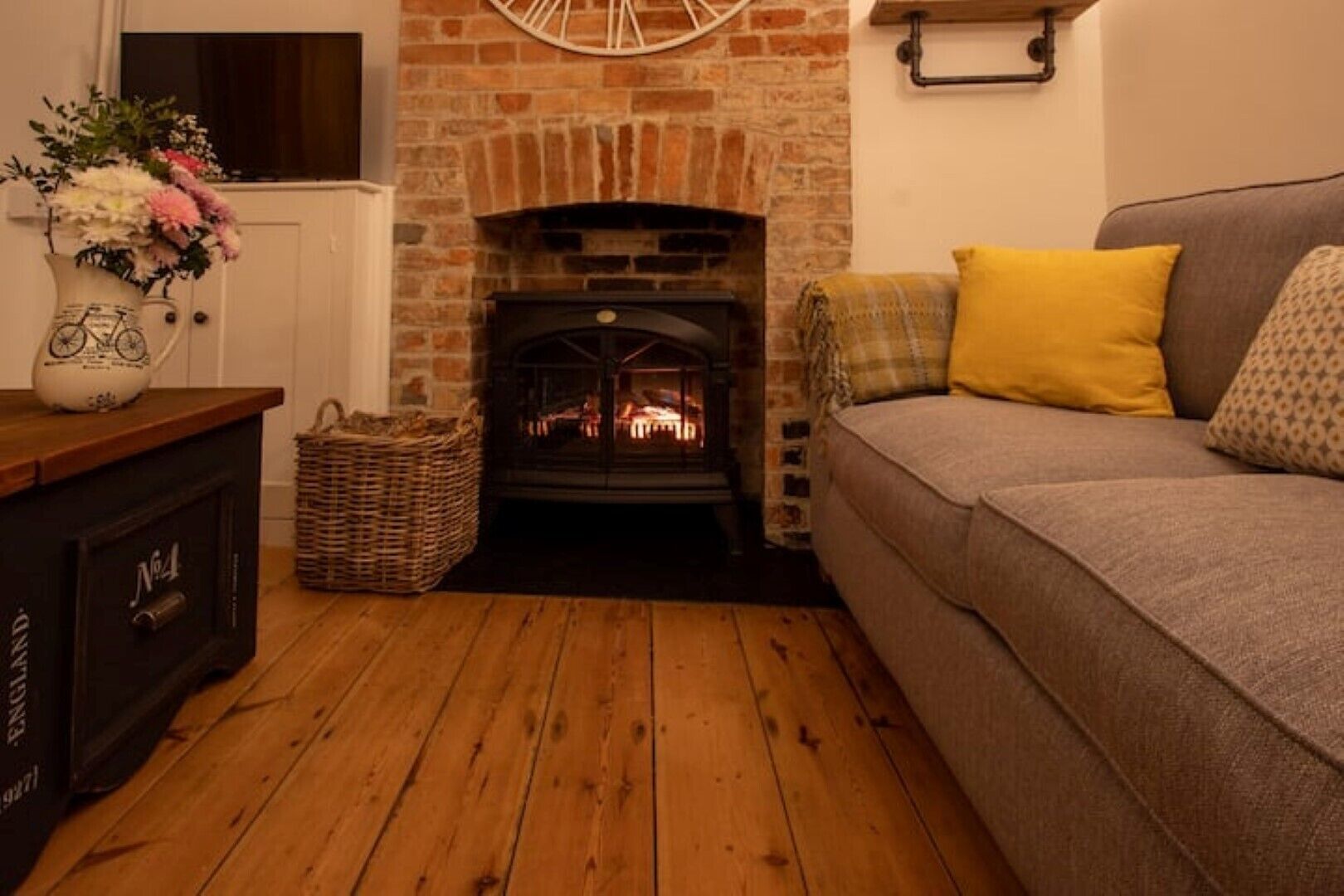 TV, fireplace, books