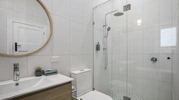 Combined shower/bathtub, hair dryer, towels, soap