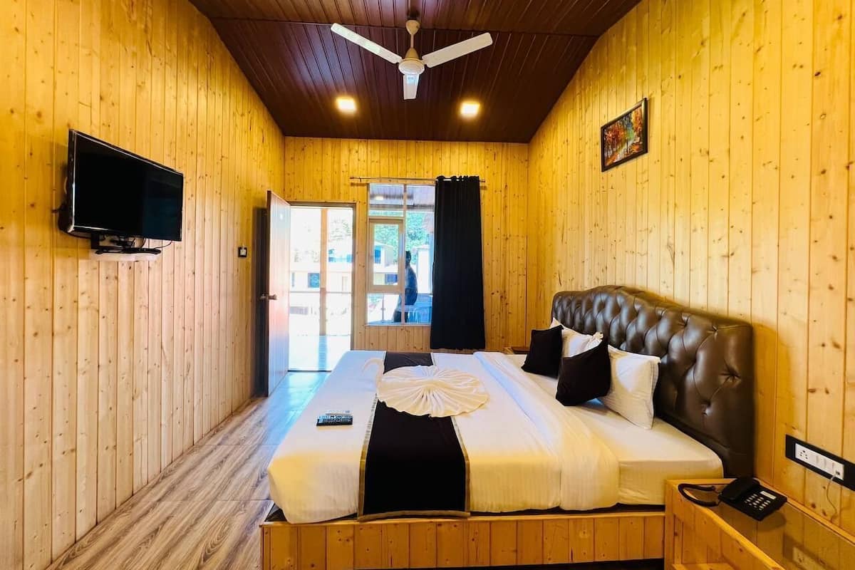A wooden-paneled room with a bed, a ceiling fan, a TV, and a window.
