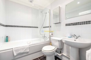 Shower, hair dryer, shampoo