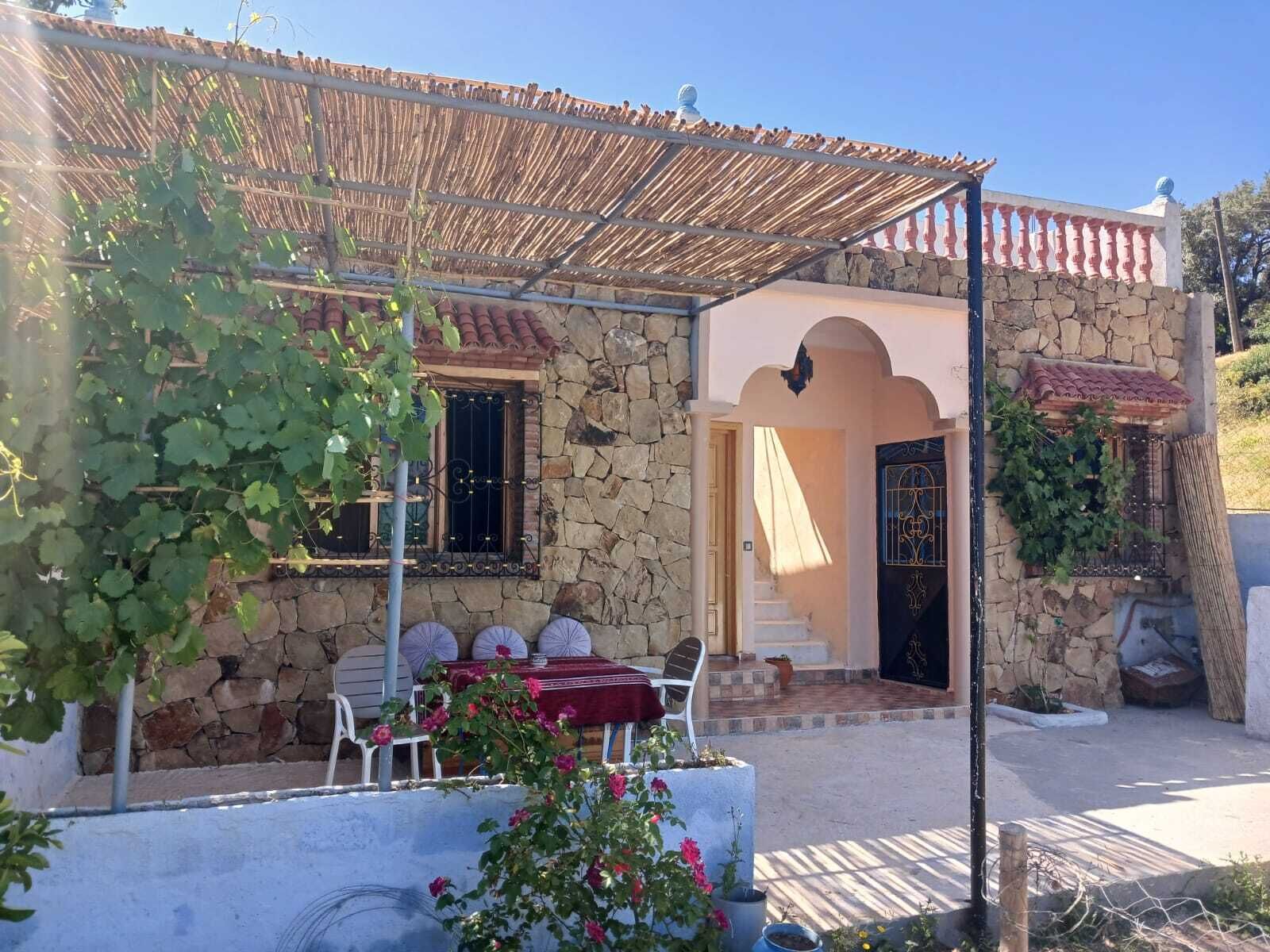 A stone building with a tiled roof, a covered patio with a table and chairs, and a garden with climbing plants.