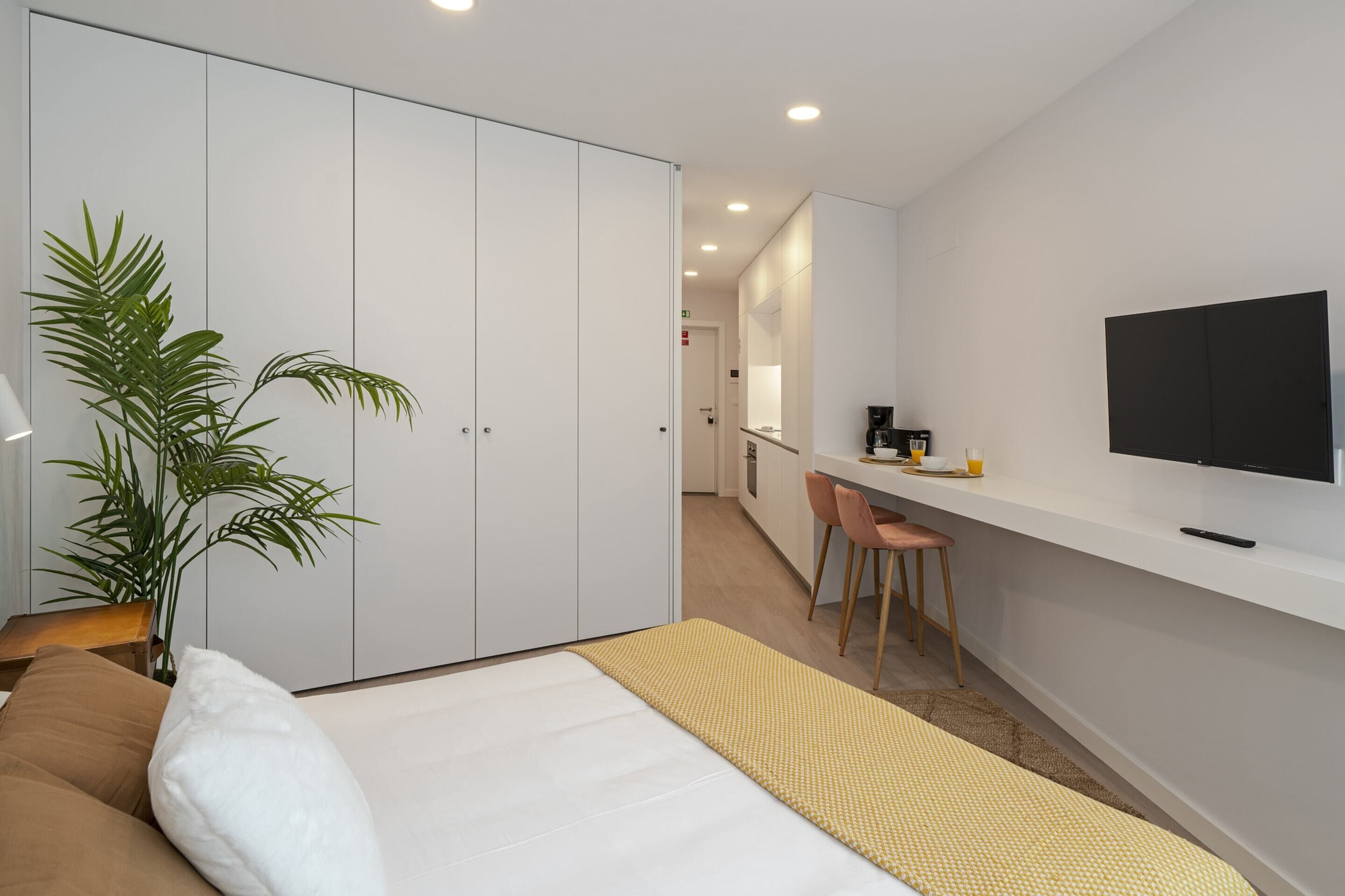 A modern bedroom with a bed, a desk, a chair, a television, and a plant.