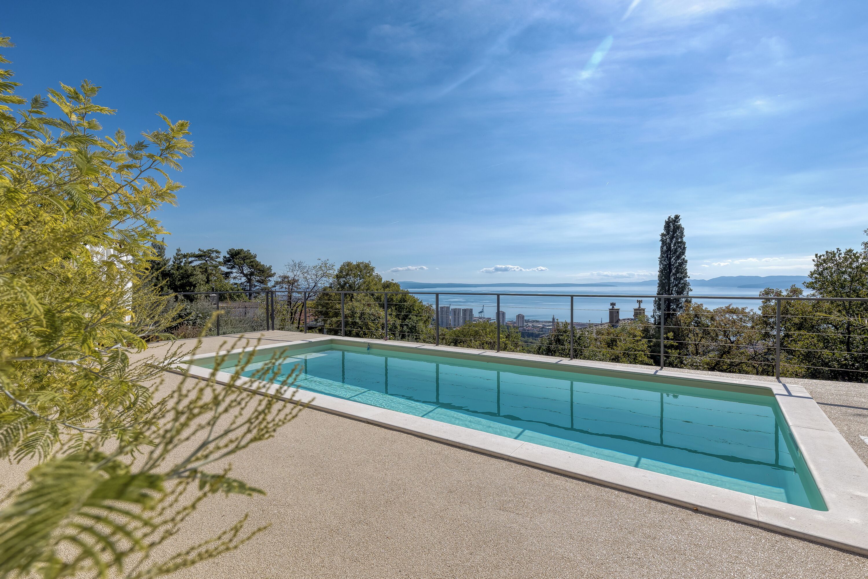 A rectangular swimming pool with clear blue water, surrounded by a concrete deck. In the background, there is a view of a city skyline across a body of water, with trees and a tall evergreen tree to the left.