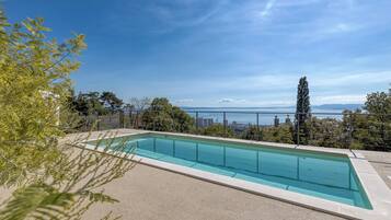 A rectangular swimming pool with clear blue water, surrounded by a concrete deck. In the background, there is a view of a city skyline across a body of water, with trees and a tall evergreen tree to the left.