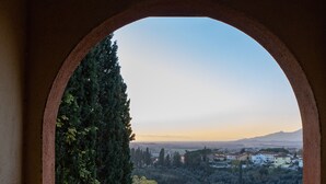 A view through an arched window overlooking a landscape with trees and buildings. - Quattro Gigli Palace (Montopoli in Val d'Arno)
