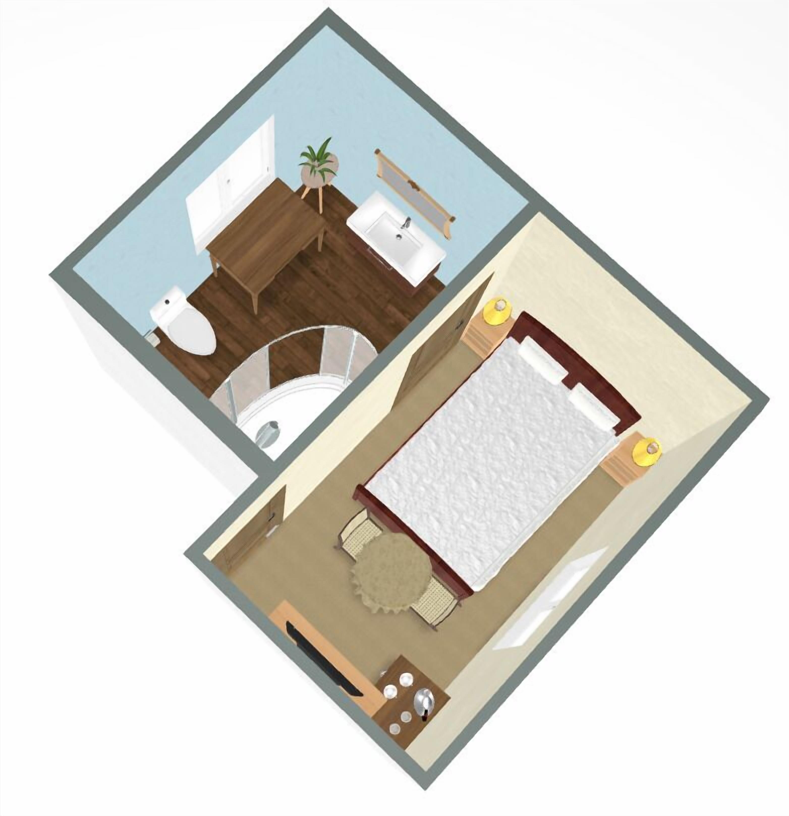 A two-room apartment layout with a bathroom, a bedroom, a small dining area, and a living space.