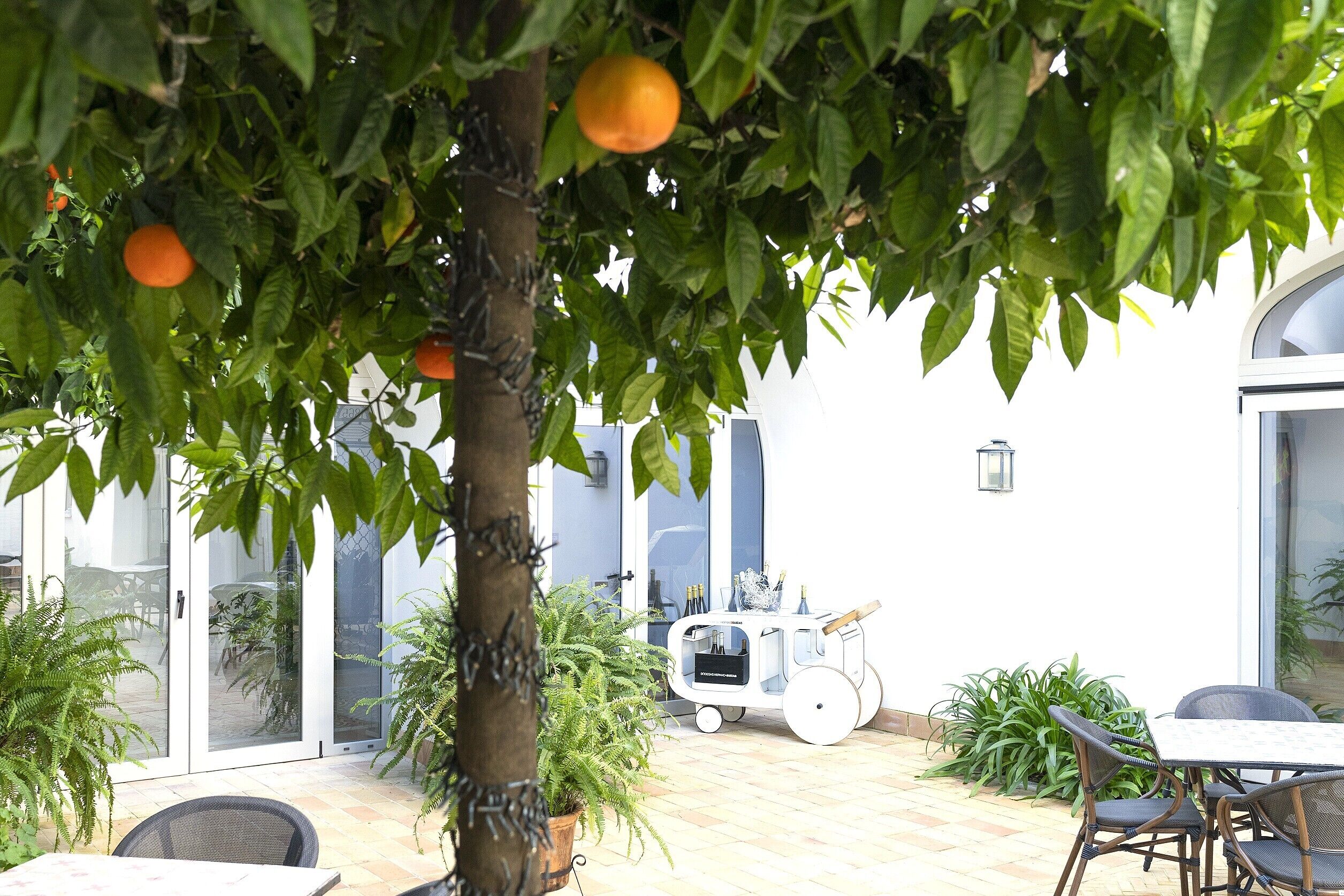 An outdoor patio with a table, chairs, a white cart with bottles, and a tree with oranges.