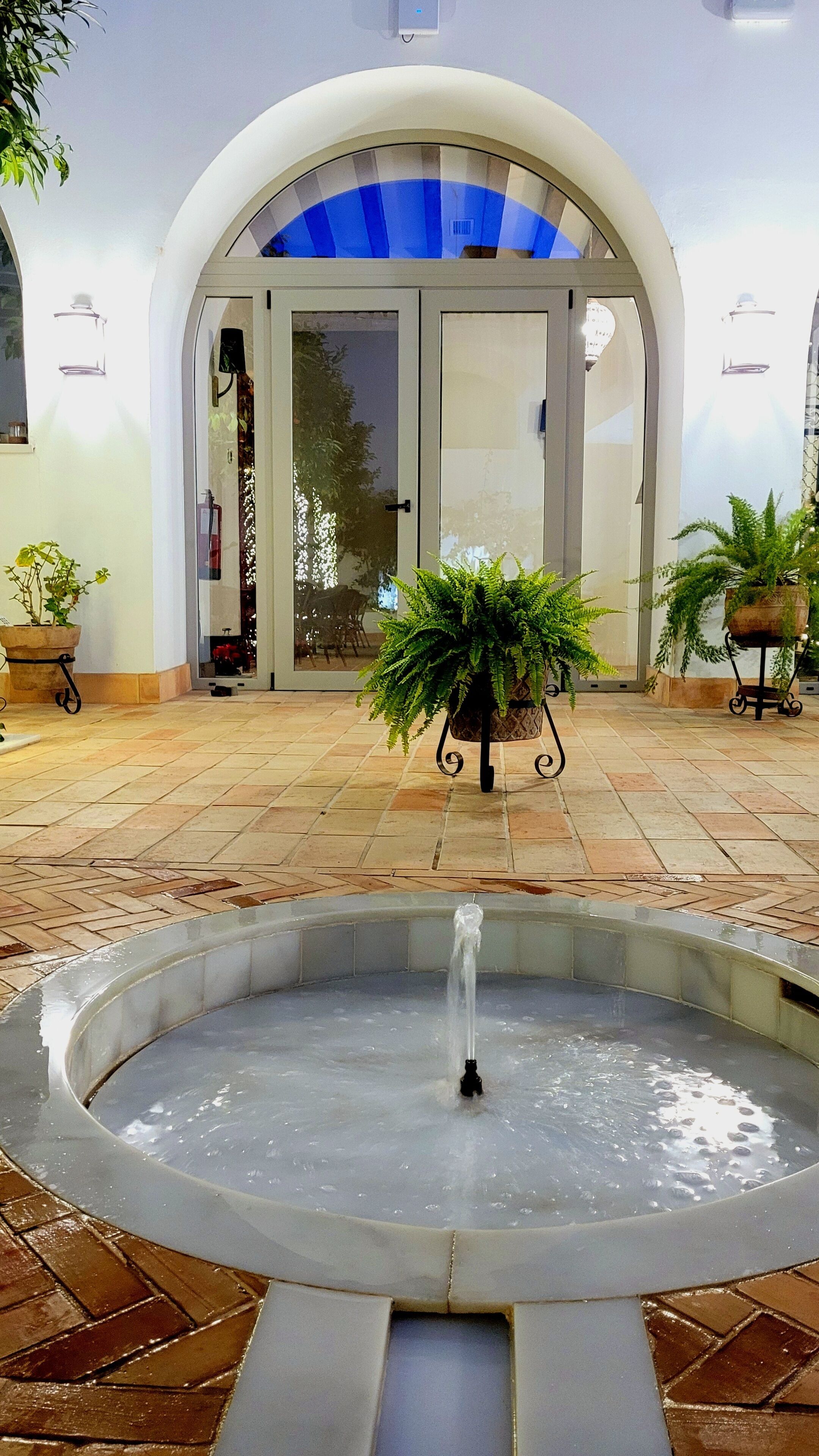 A courtyard with a fountain, potted plants, and a building entrance with a glass door and a blue awning.