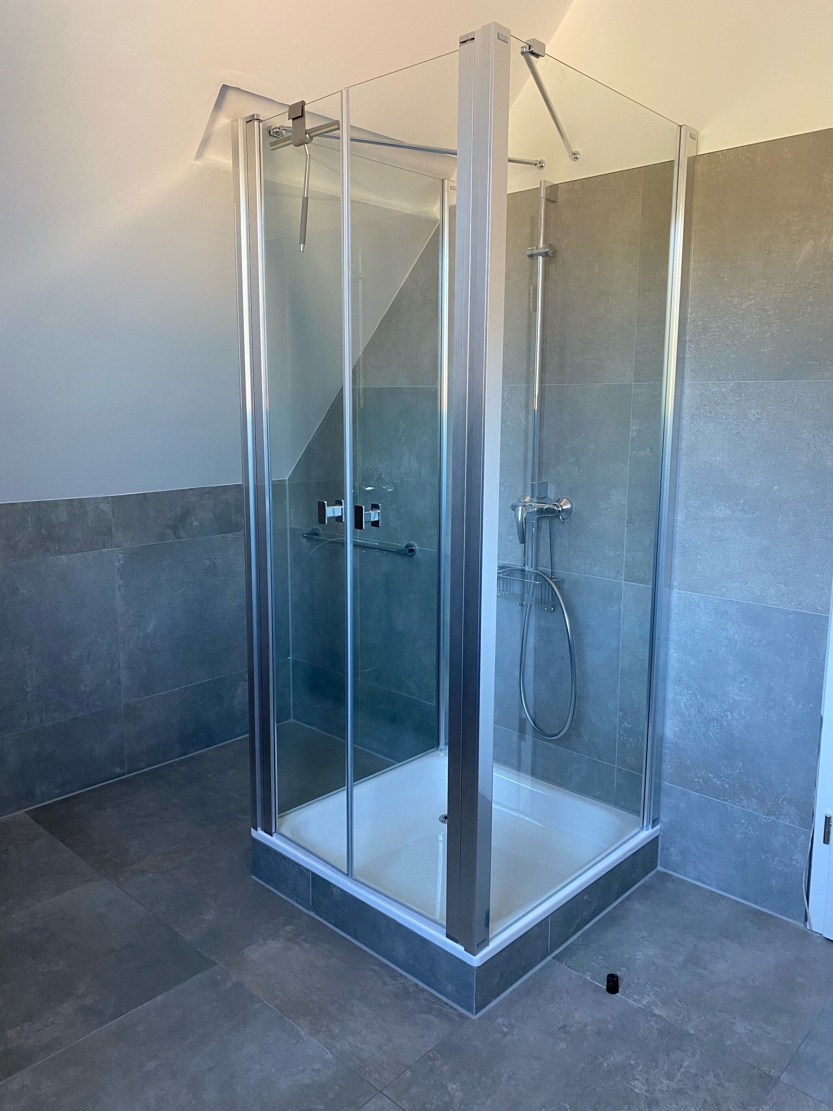 Une douche fermée par des parois de verre, au design moderne, avec un sol carrelé et des murs peints dans une couleur neutre.