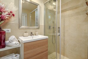 Shower, hair dryer, towels