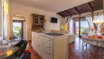 Fridge, microwave, stovetop, coffee/tea maker