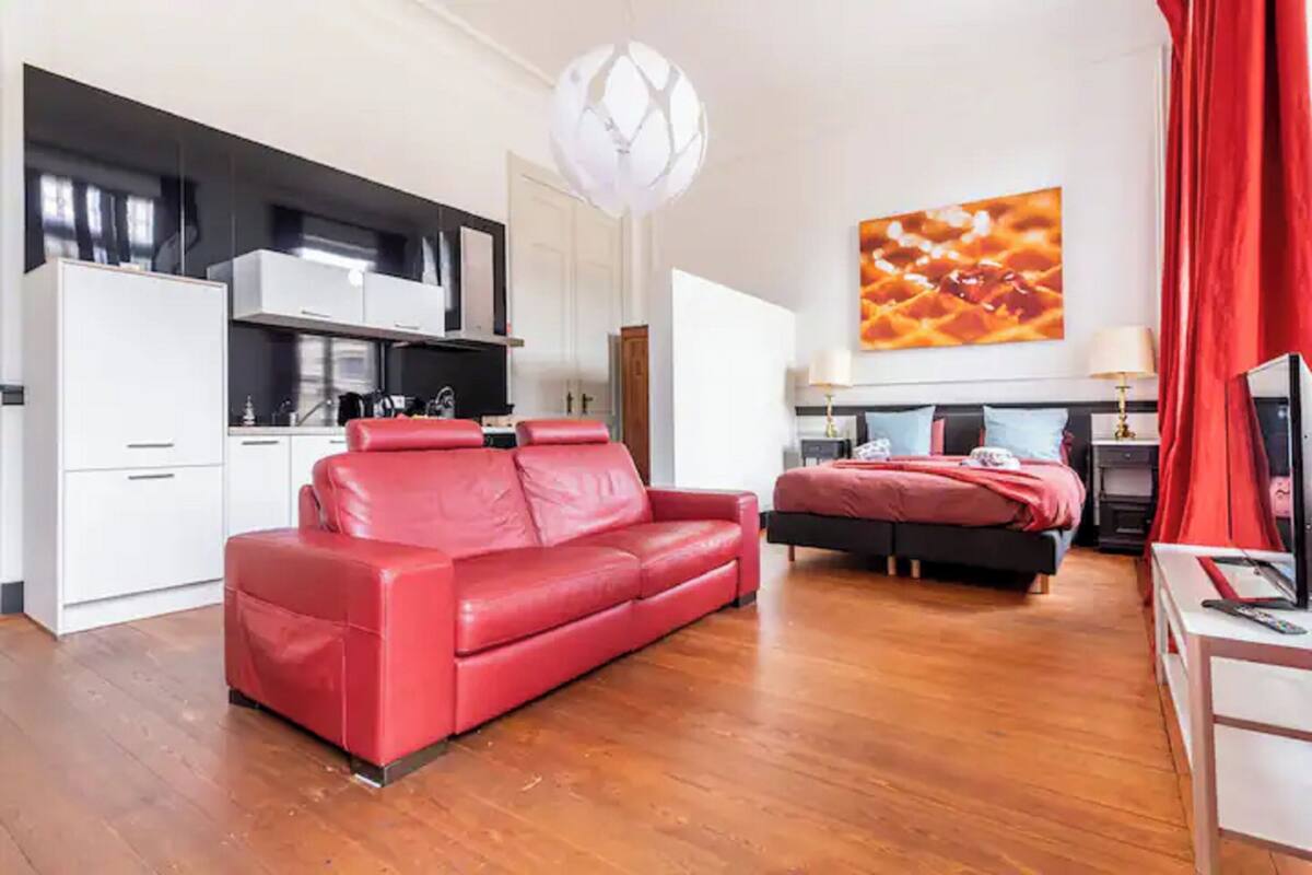 A compact living space with a red sofa, a bed, a kitchenette, and a dining area.