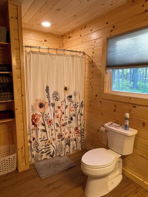 Douche, séchoir à cheveux, serviettes fournies, savon