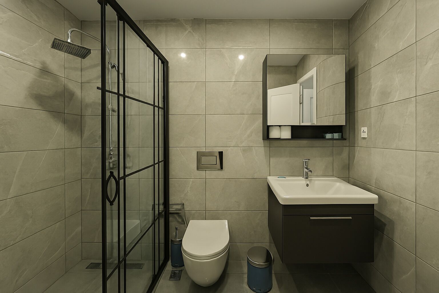 Un baño moderno con cabina de ducha de vidrio, lavabo blanco y retrete.