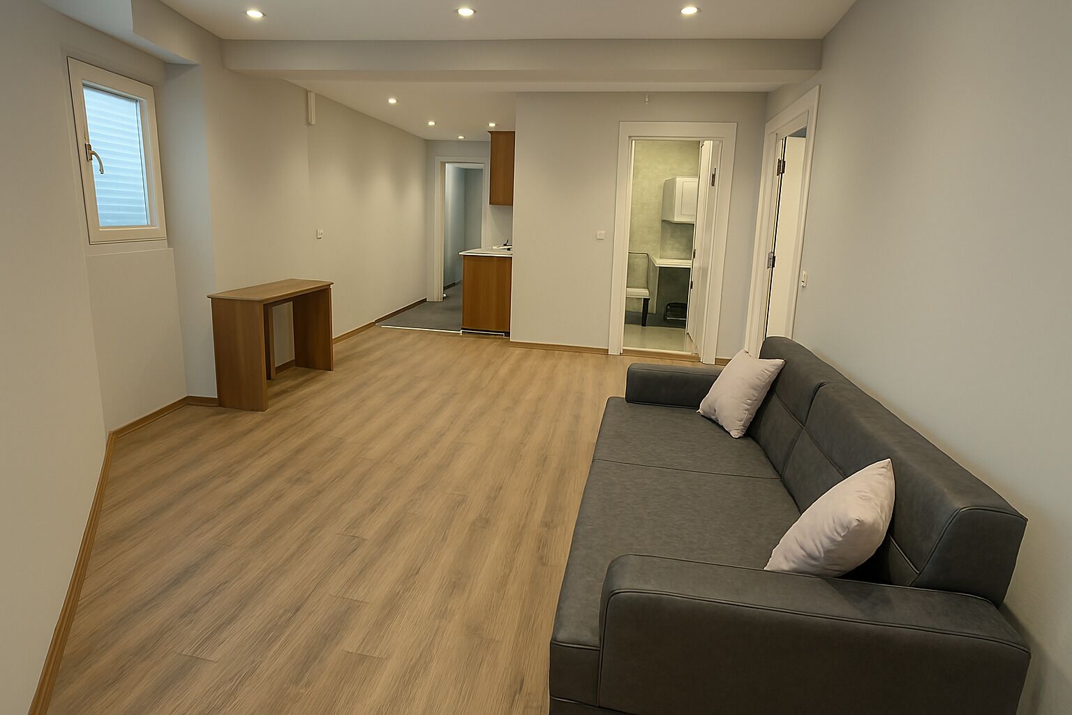 A spacious living area with a grey sofa, wooden flooring, and a small wooden table.