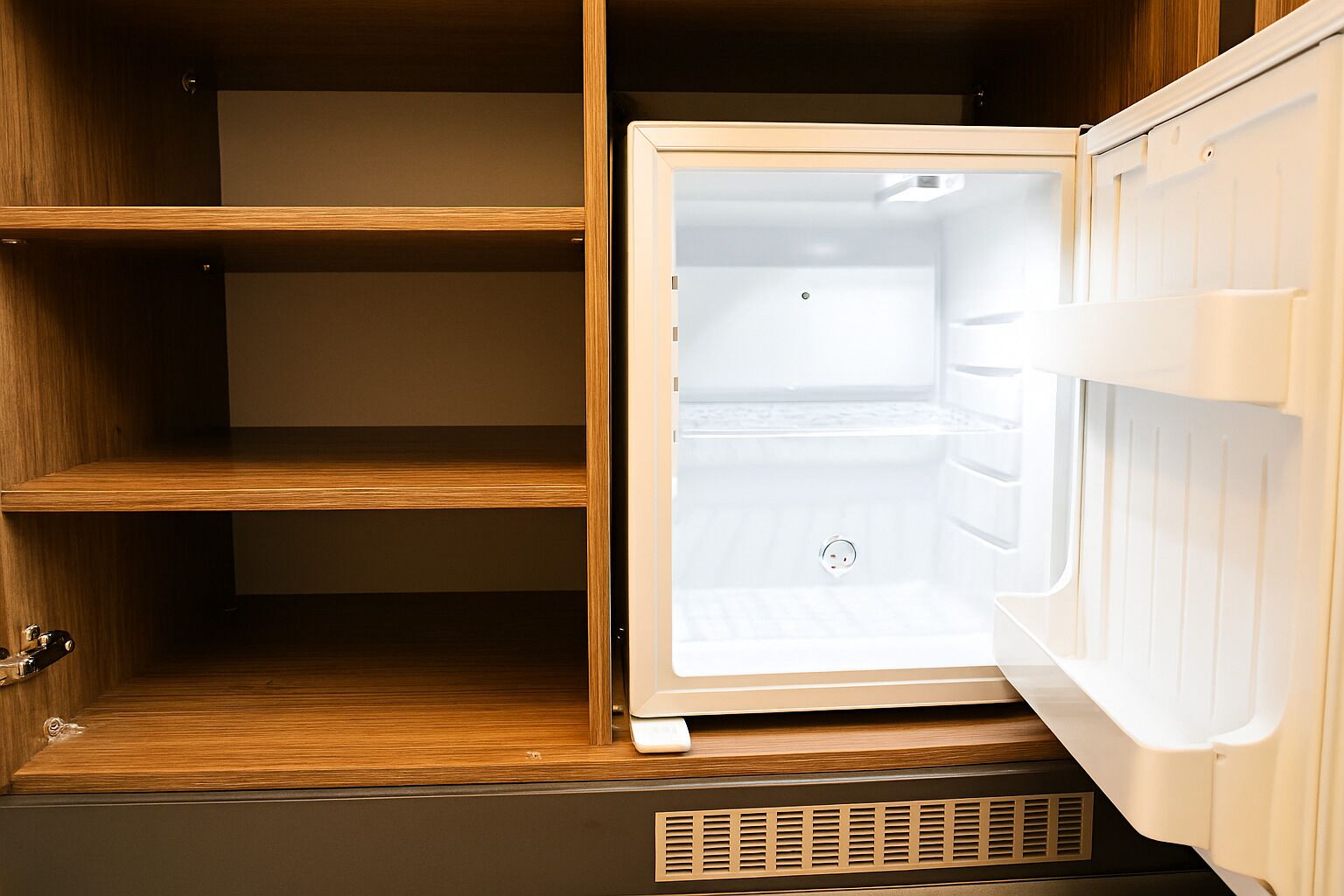 A compact refrigerator with a wooden exterior, a built-in freezer compartment, and a single control panel.