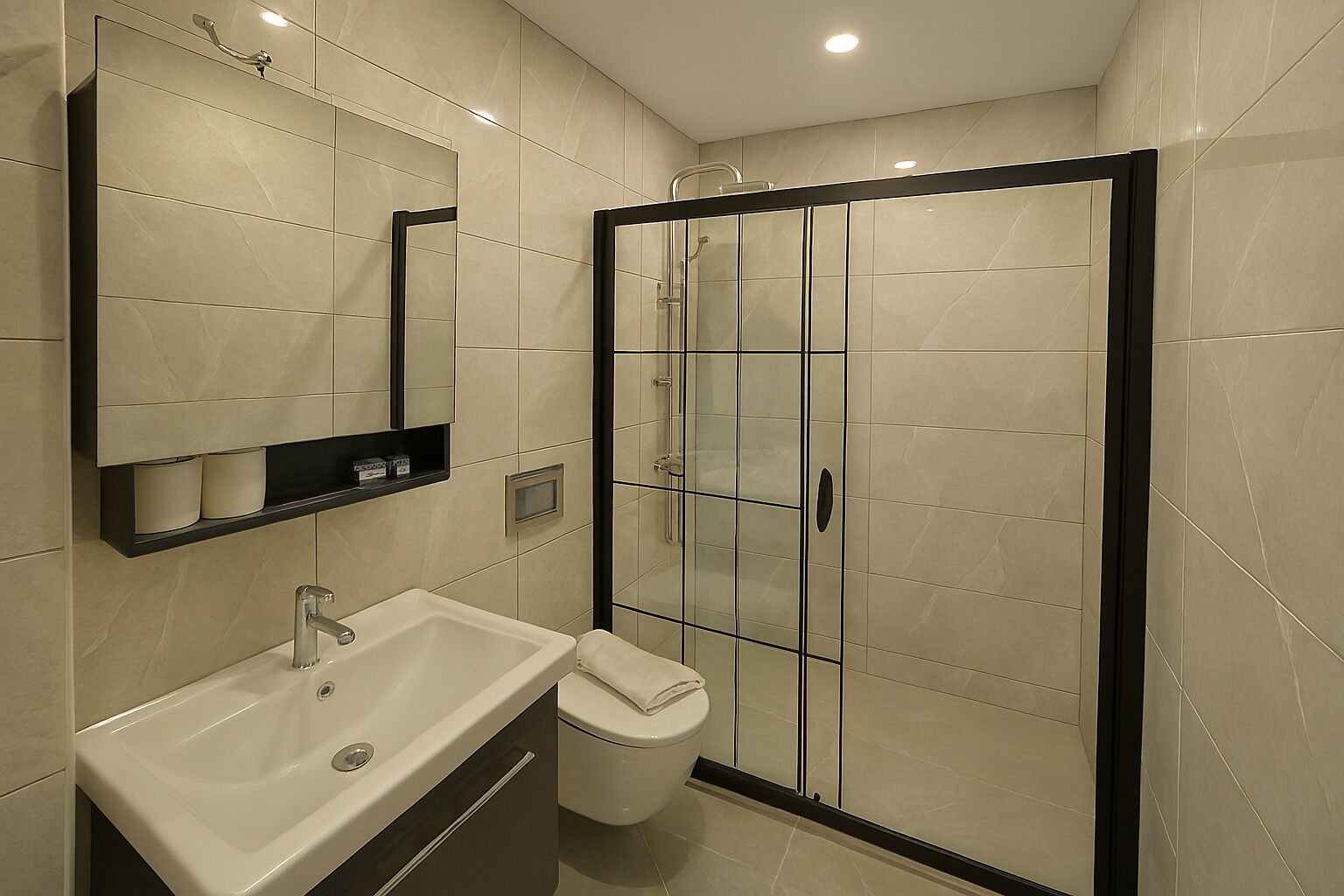 A modern bathroom with a large mirror, a sink, a toilet, and a glass-enclosed shower area.