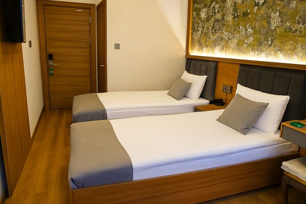 A hotel room with two beds, wooden flooring, a wooden door, and a wall-mounted artwork. - Calenberg Hotel (Istanbul)