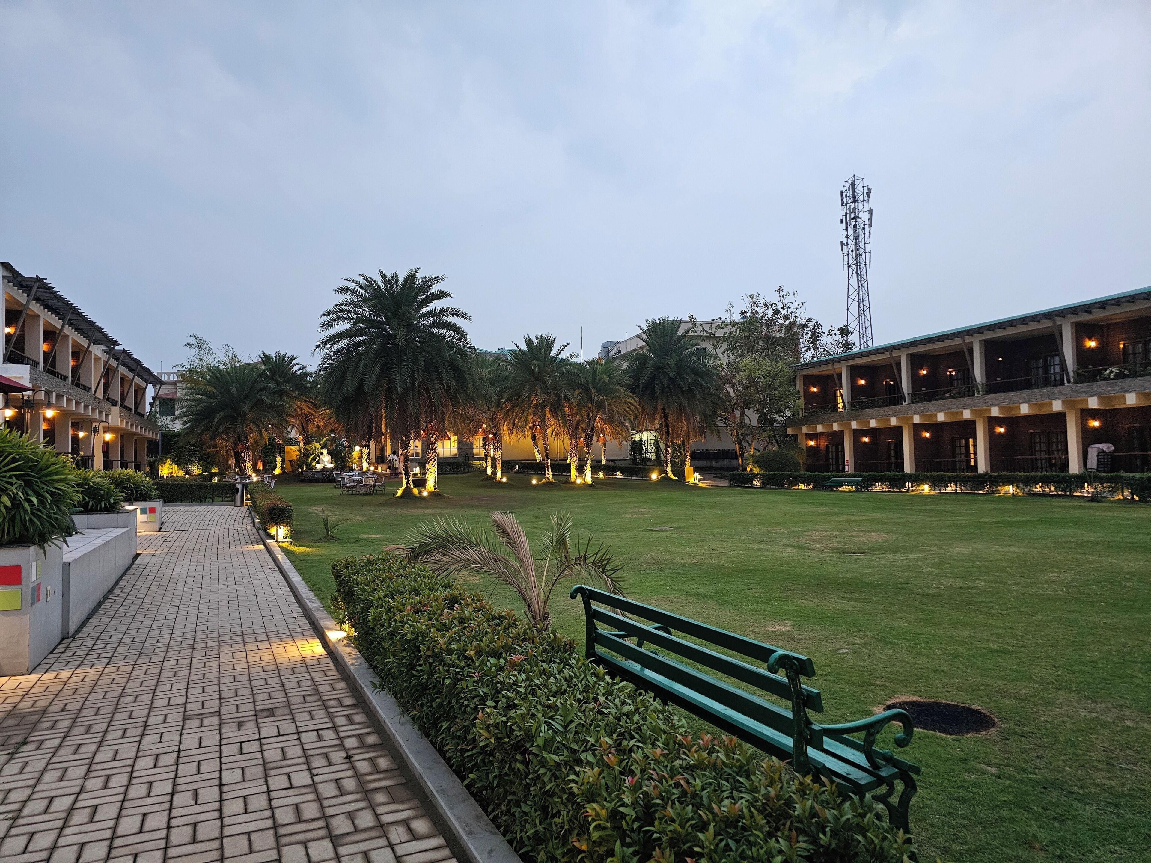 A courtyard with a paved walkway, benches, palm trees, and buildings with balconies.