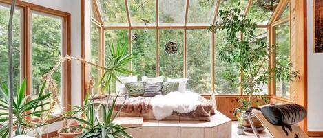 A cozy room with a built-in bench, large windows, and various potted plants.