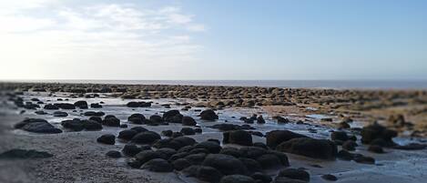 A beach with large rocks and a clear sky.