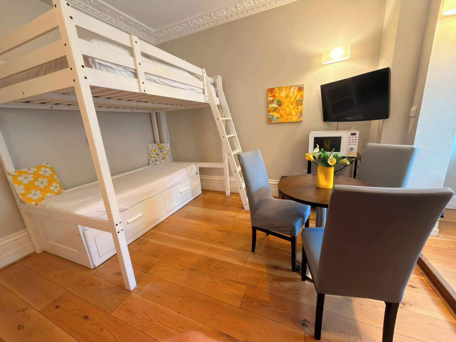 1 bedroom, desk, iron/ironing board, travel cot