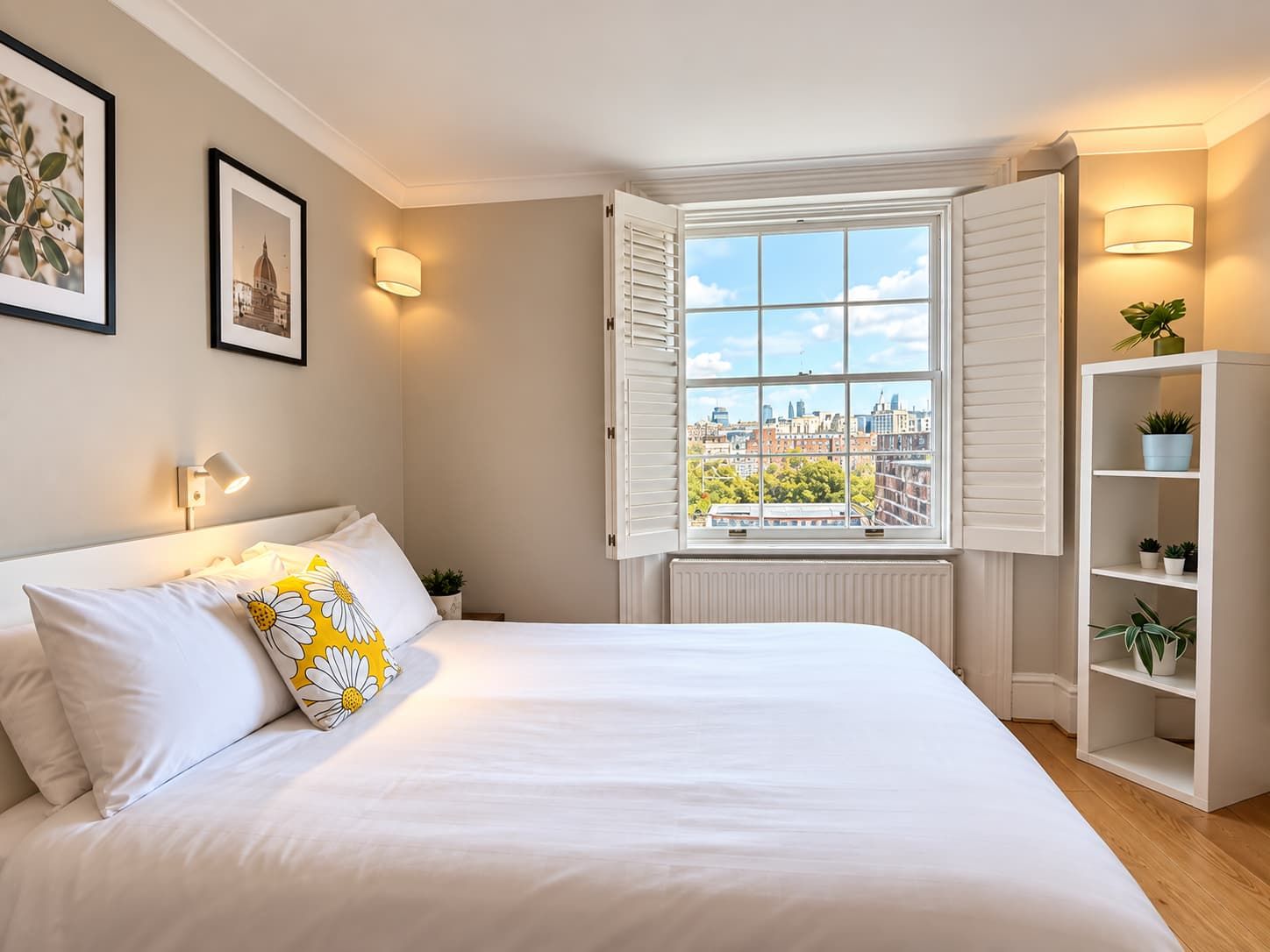 A bedroom with a bed, a window with blinds, a bedside lamp, a shelf with plants, and framed pictures on the wall.