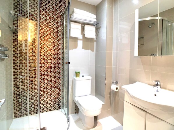 A modern bathroom with a glass shower enclosure, a toilet, and a sink.