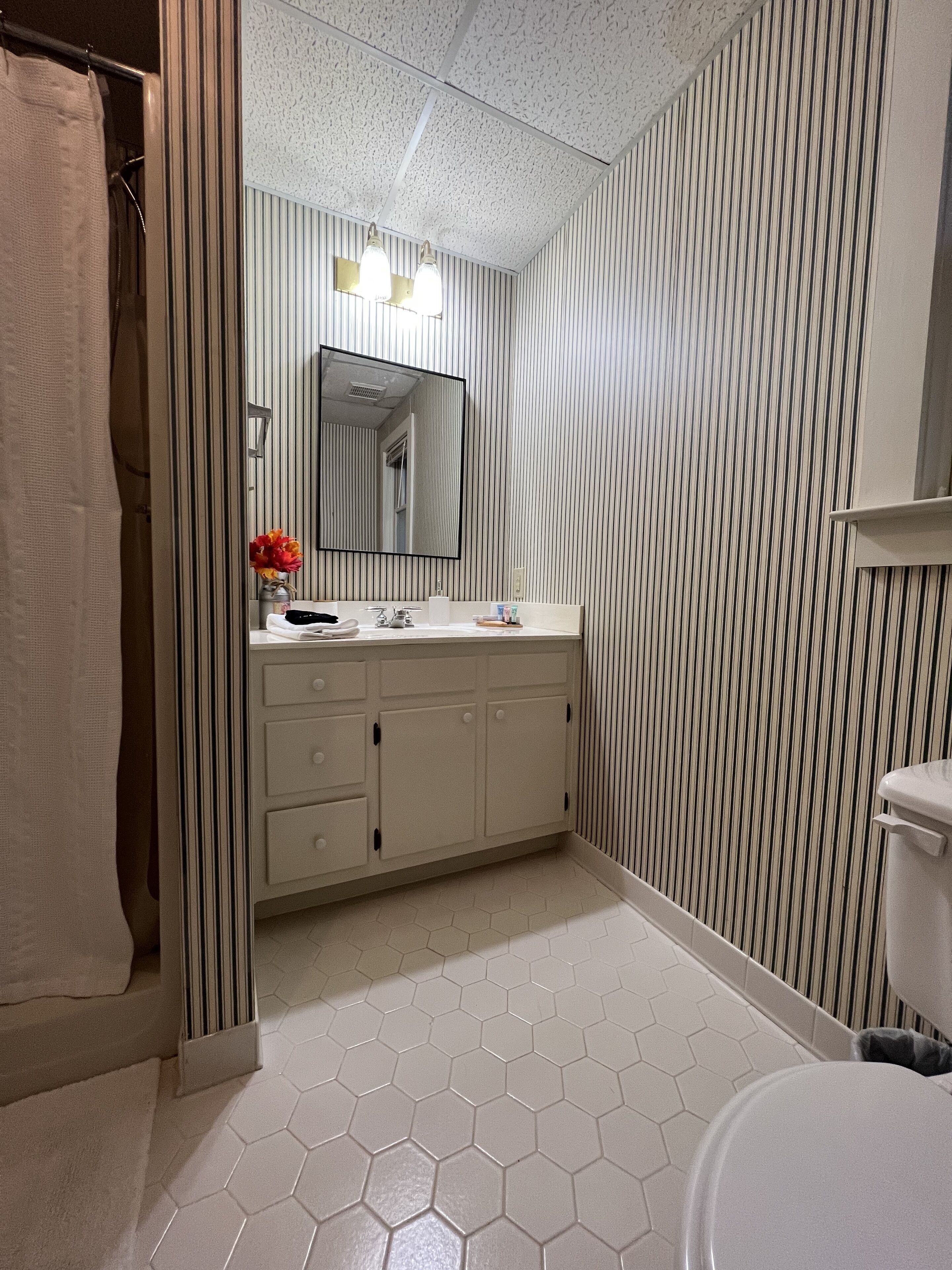 Une salle de bain avec un papier peint à rayures, un sol carrelé avec des motifs hexagonaux, un lavabo blanc avec un miroir au-dessus et des toilettes.